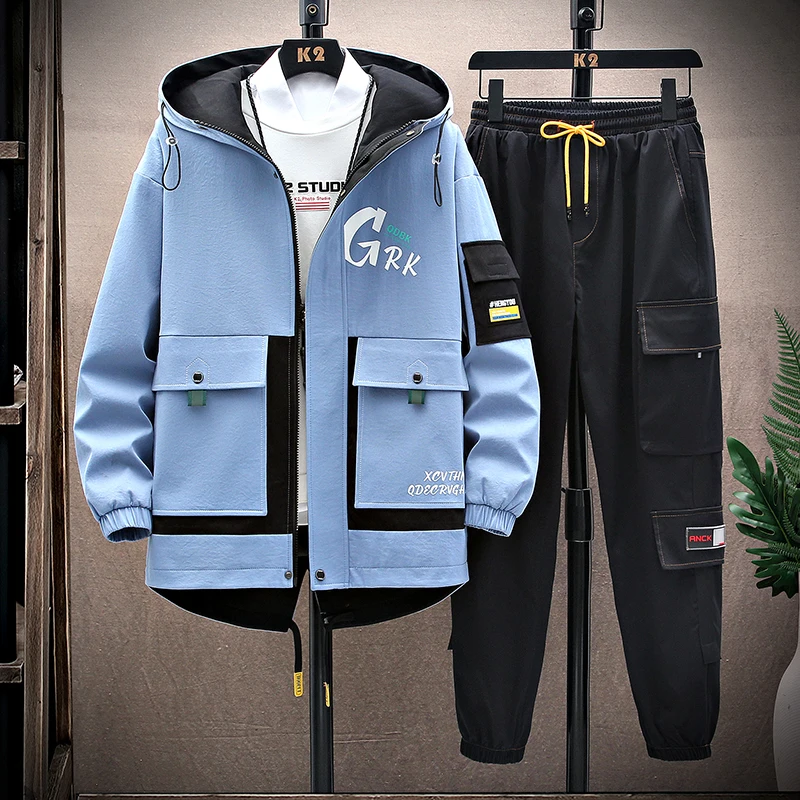 Spring Casual Men Sets Two Pieces Fashion Korean Trend Hooded Jacket + Pants Autumn Baseball Uniform Suit Man Outfit