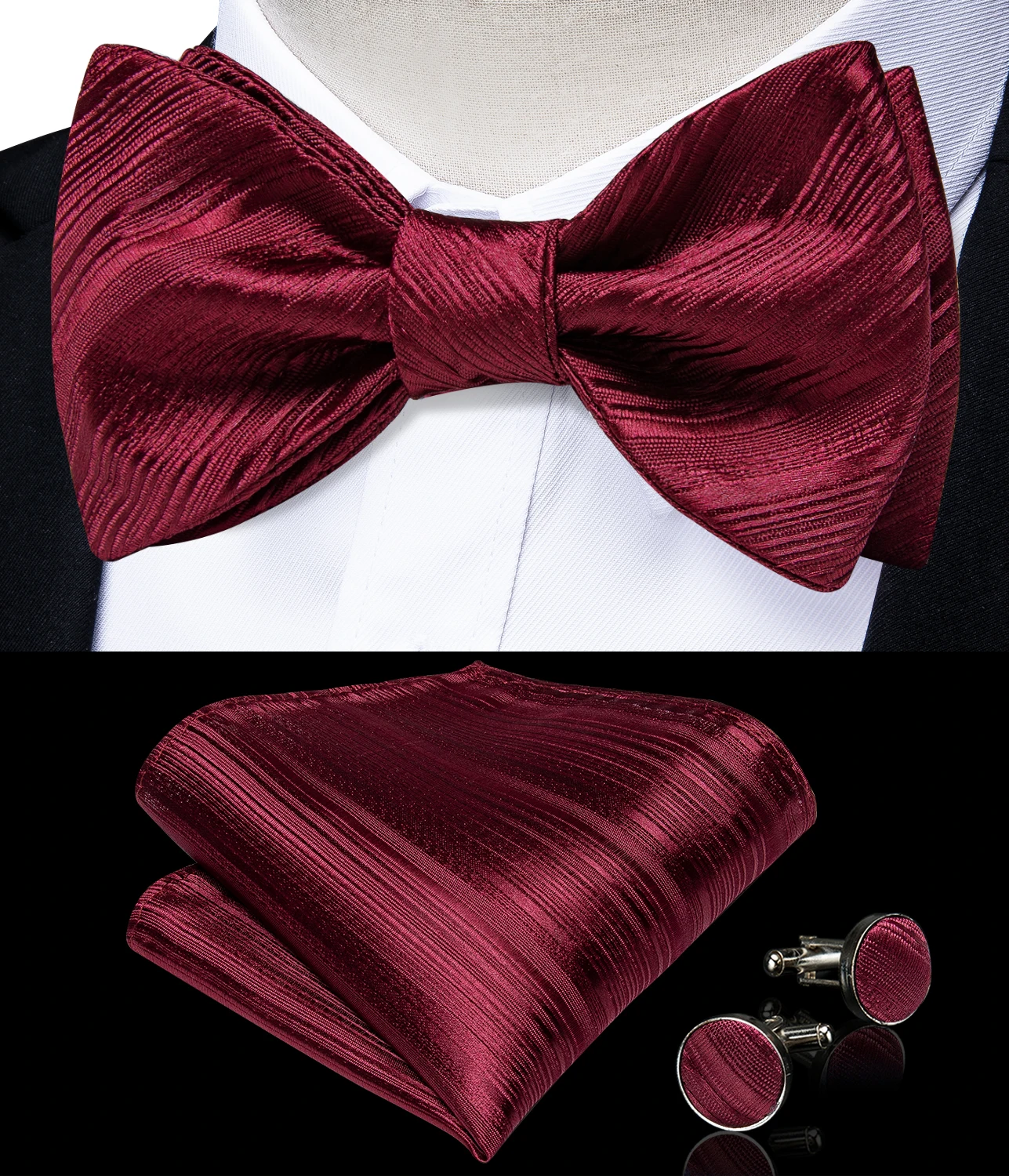 Classic Red Bow Tie Handkerchief Cufflinks Set Luxury Men's Silk Bowtie corbatas para hombre Wedding Business Solid Paisley Knot