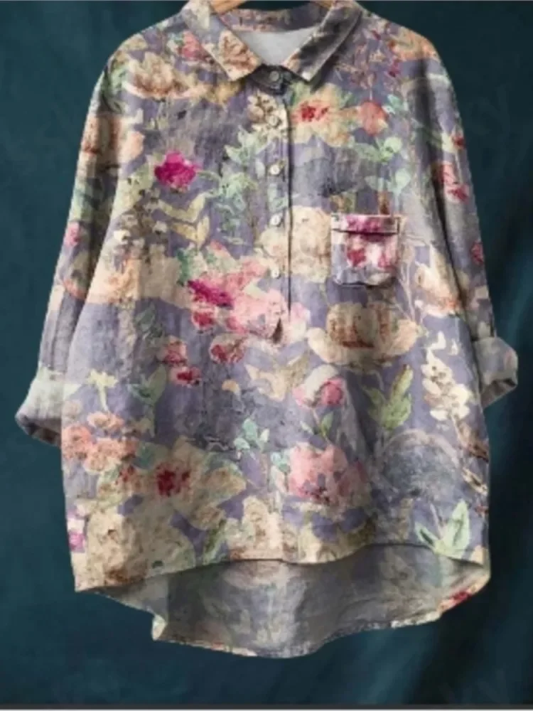 

Autumn New Women's Fashion Flower Printed Shirt Button Collar Long Sleeve Casual Loose Comfortable Pocket Top Shirt