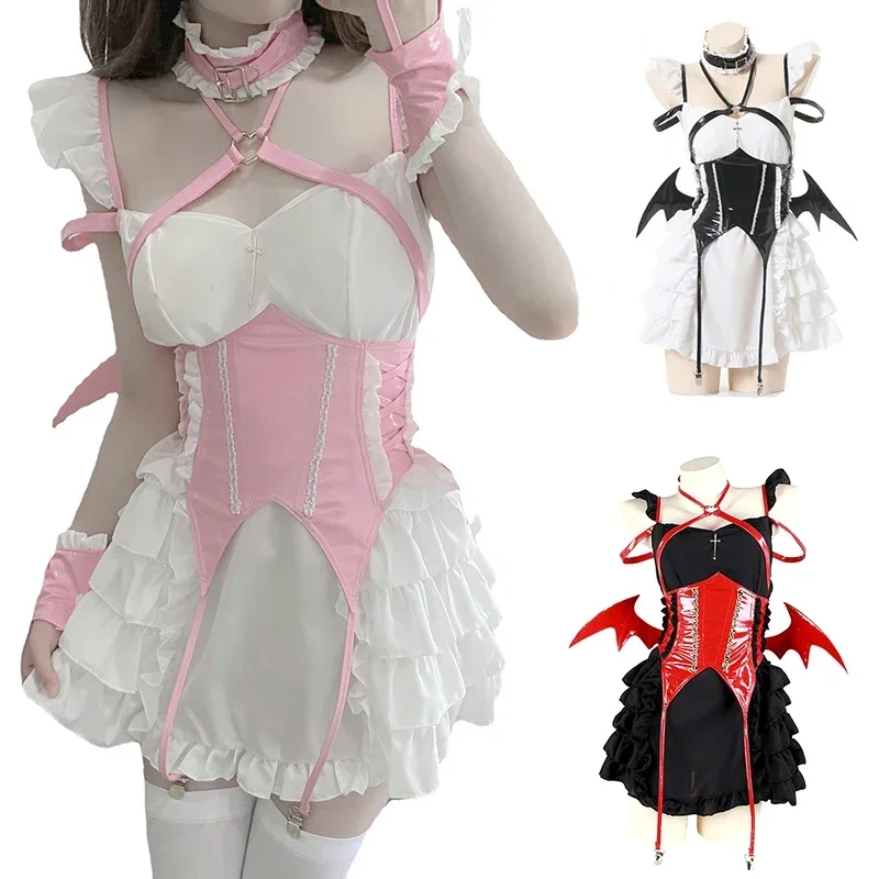 

Coslan Gothic Lolita Little Devil Girls Cosplay Dress Cute Ruffle Strap Backless Mini Dresses With Wing Halloween Outfits Costum