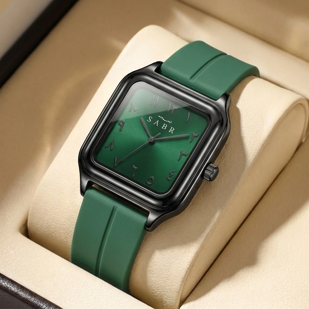 SABR Unisex Fashion Square Alloy Watch Green Silicone Strap Unique Dial Design Wristwatch