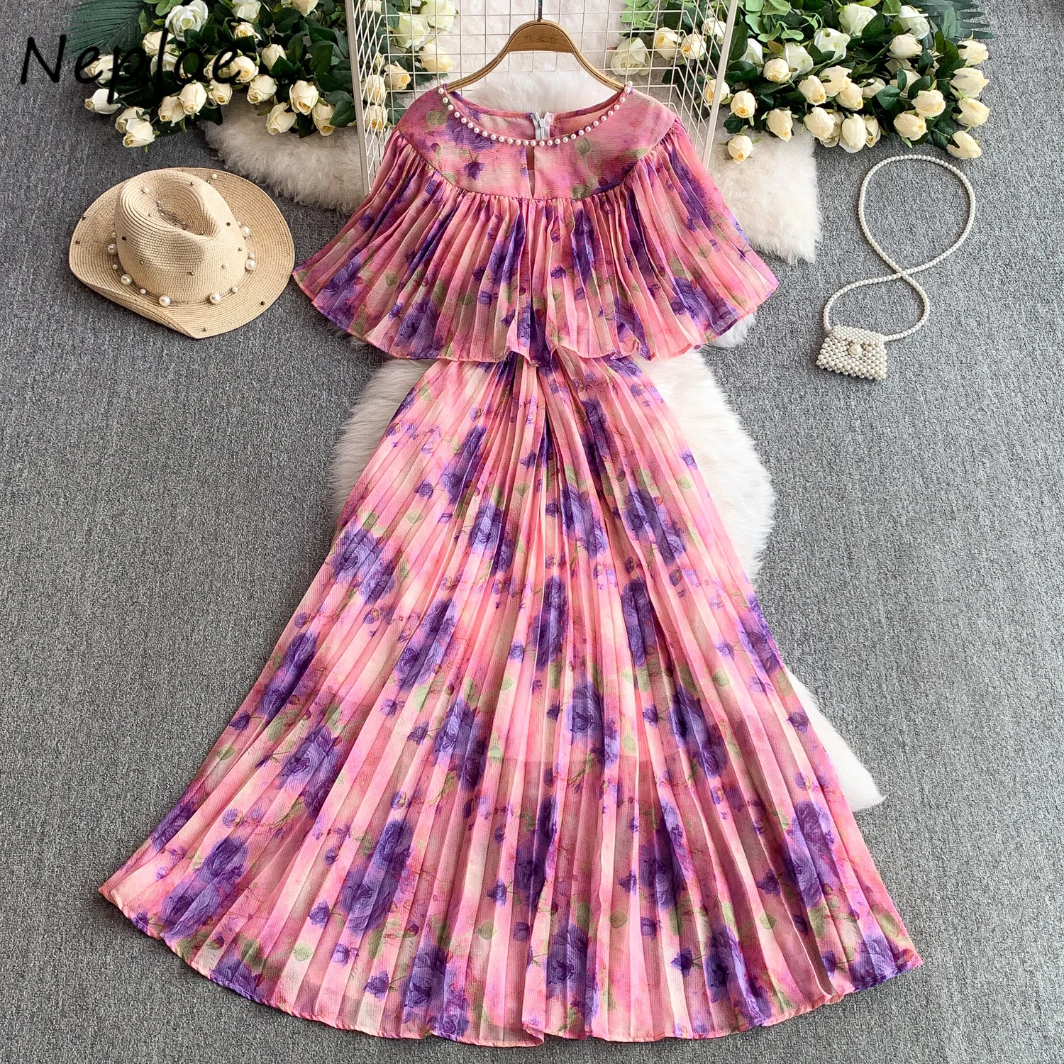

Neploe High Waist Korea French Light Luxury Vestido Heavy Beading Ruffled Slim Fit Robe Big Swing Pleated Print Minority Dresses