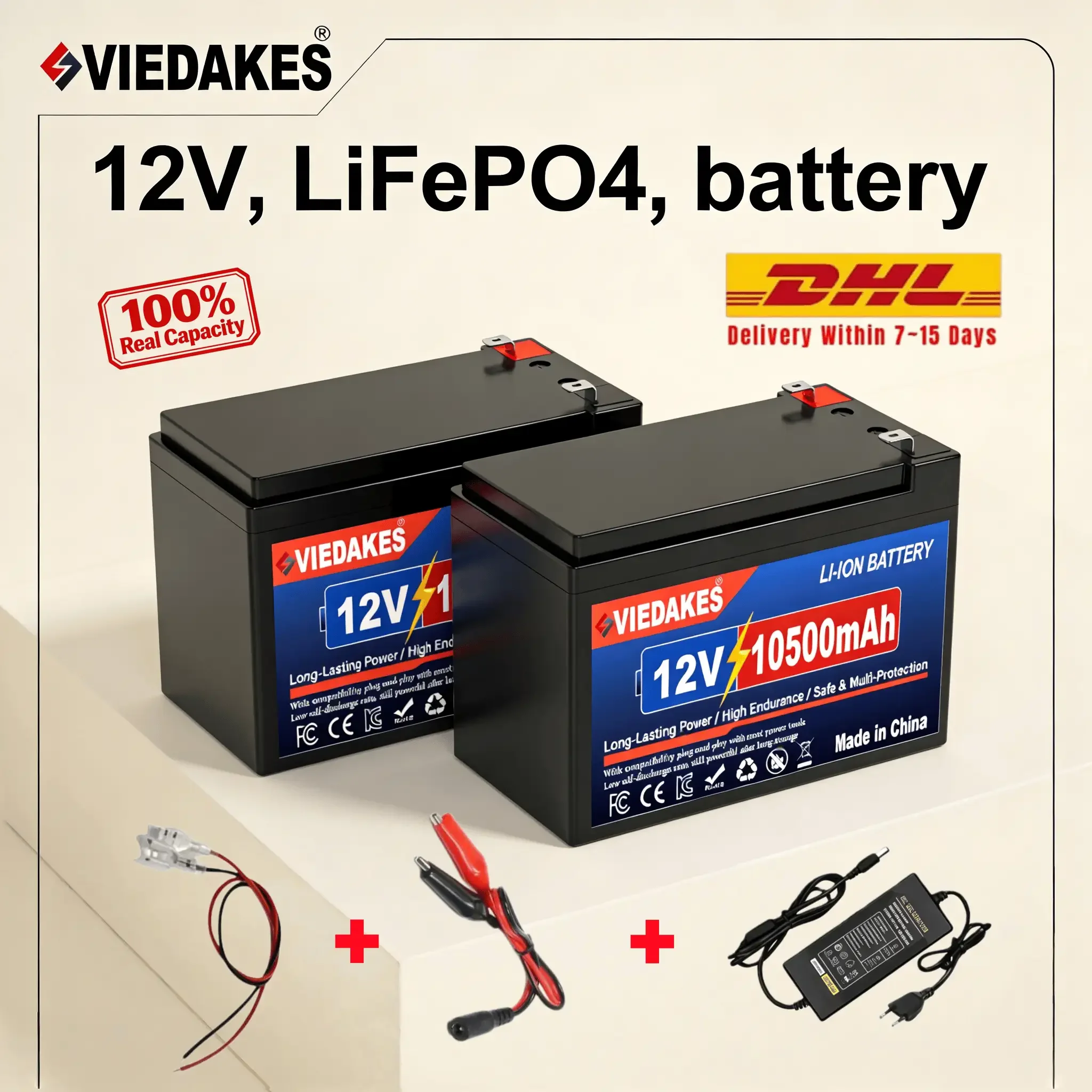 

VIEDAKES 12V LiFePO4 Battery 3S7P 10.5Ah 100% Real Capacity with Charger & Wires for Farm Water Pump Outdoor Equipment