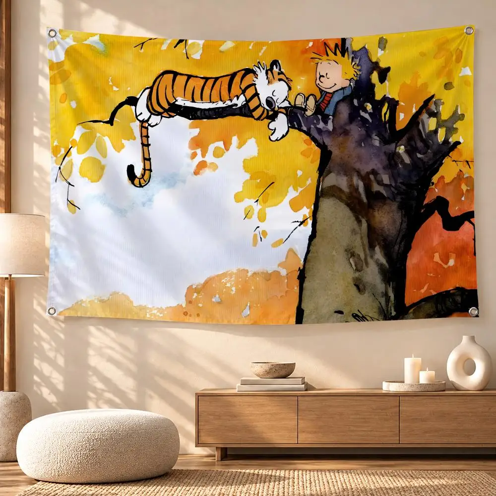 Calvin and Hobbes Cartoon Graphic Flags Festive Decorative Banner for Camping, Family Parties & Garden Wall Decor, Great Gift