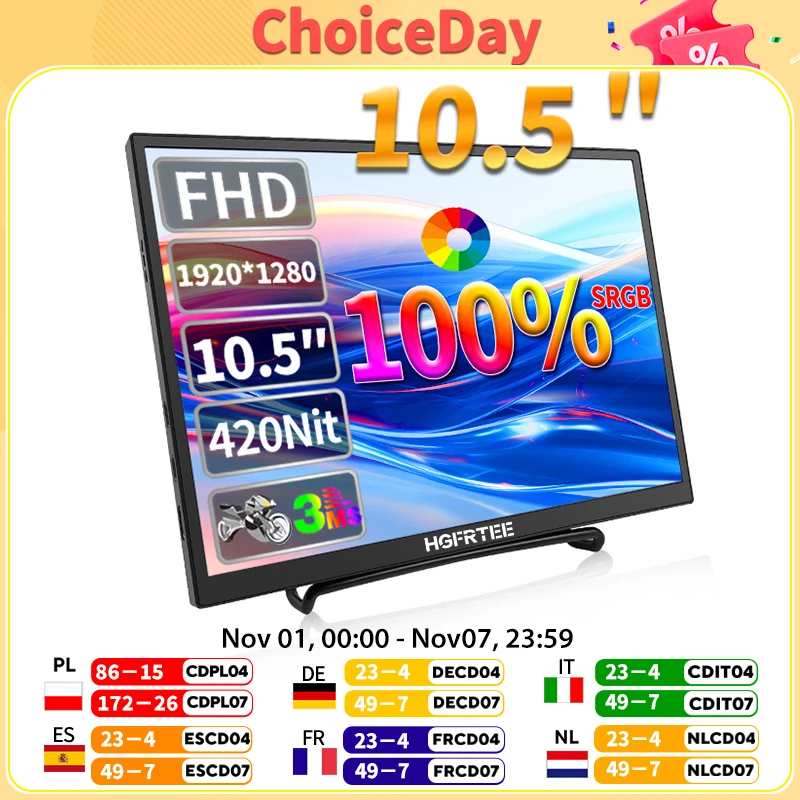 HGFRTEE Monitor portabel 10.5 inci, Laptop 420Cd/m m² FHD 1280P 100% SRGB layar kedua untuk Mac Xbox PS4/5 Switch