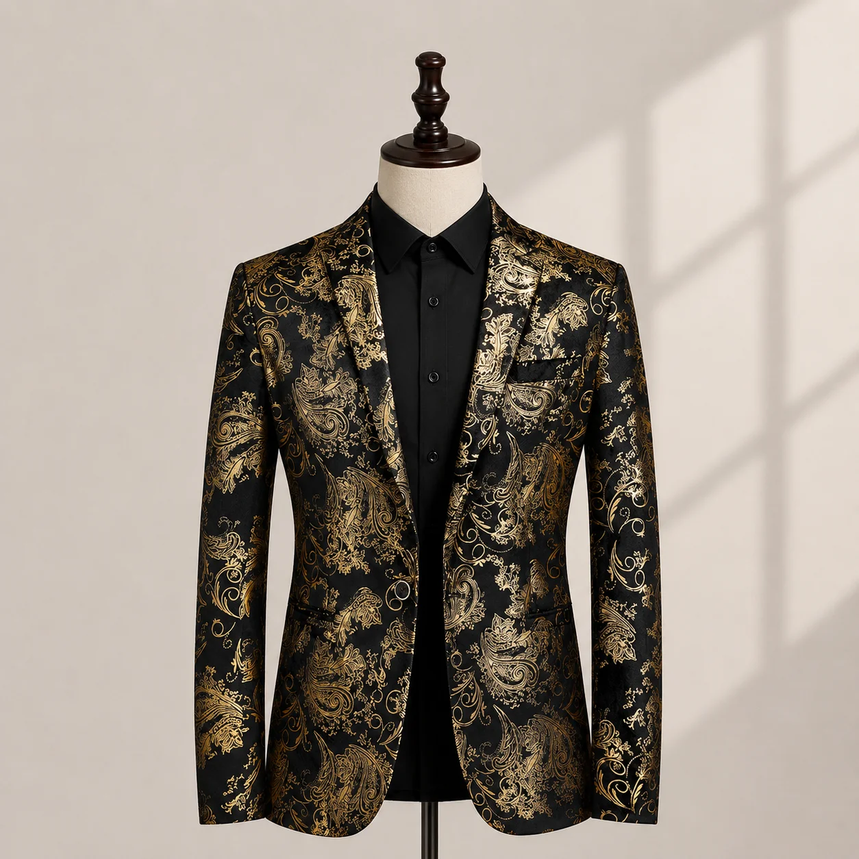 

Men Black Gold Paisley Jacquard Blazer Slim Fit One Button Shawl Lapel Suit Jacket Wedding Groom Prom Party Formal Dinne Suit