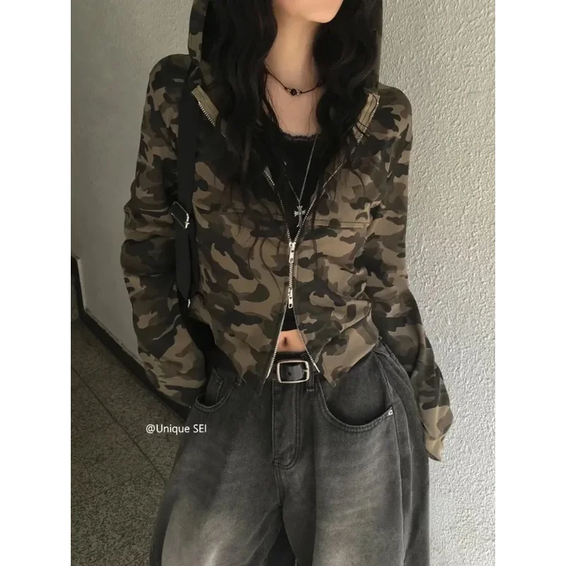 American Sweet Cool Hottie Camouflage Two-way Zipper Hooded Long-sleeved Jacket Top Fashionable Retro Short Cardigan for Women