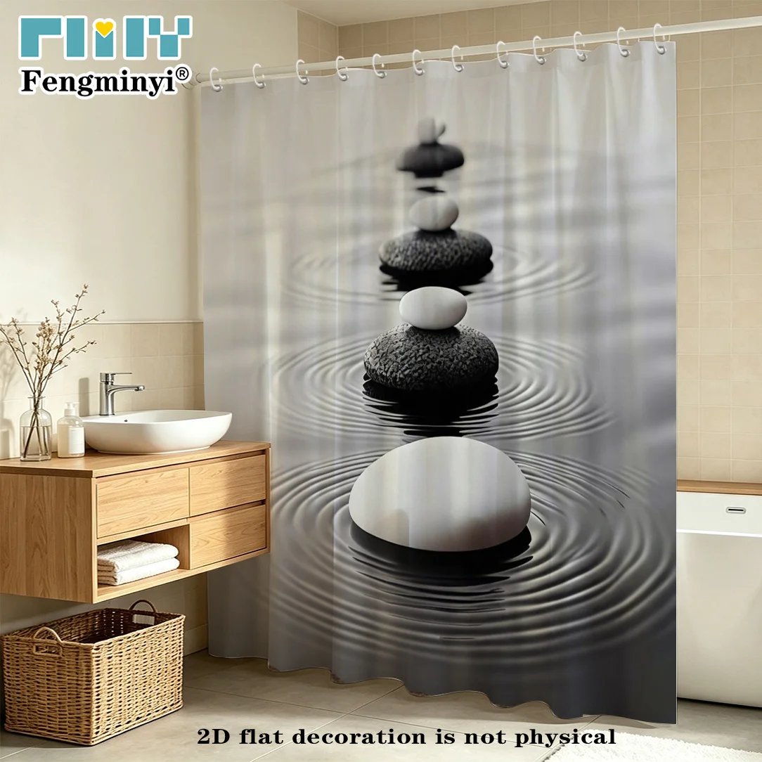 2D Flat, 2D Flat, 2D Flat Shower Curtain 1pc, Zen Stone Shower Curtain, Polyester Fabric, Displaying Balanced Rock Water Ripples