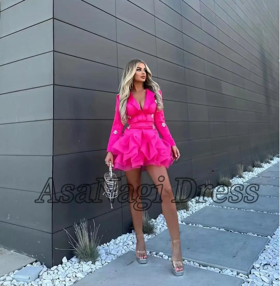 AsaNagi Fuchsia Prom Dresses V Neck Knee-Length Long Sleeve A Line Women Formal Occasion Dress 2023 vestidos de gala