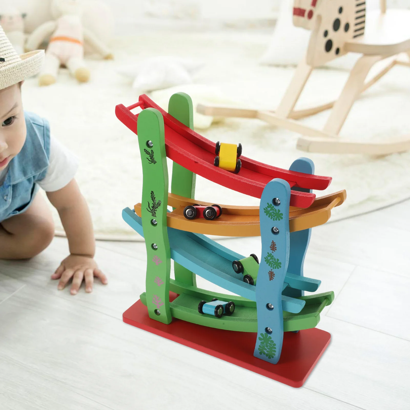 1 szt. Czterowarstwowa torba zjeżdżalniowa z autkami, kreatywna drewniana zabawka, wspomagająca koordynację wzrokowo-ruchową dziecka, bezpieczna konstrukcja.