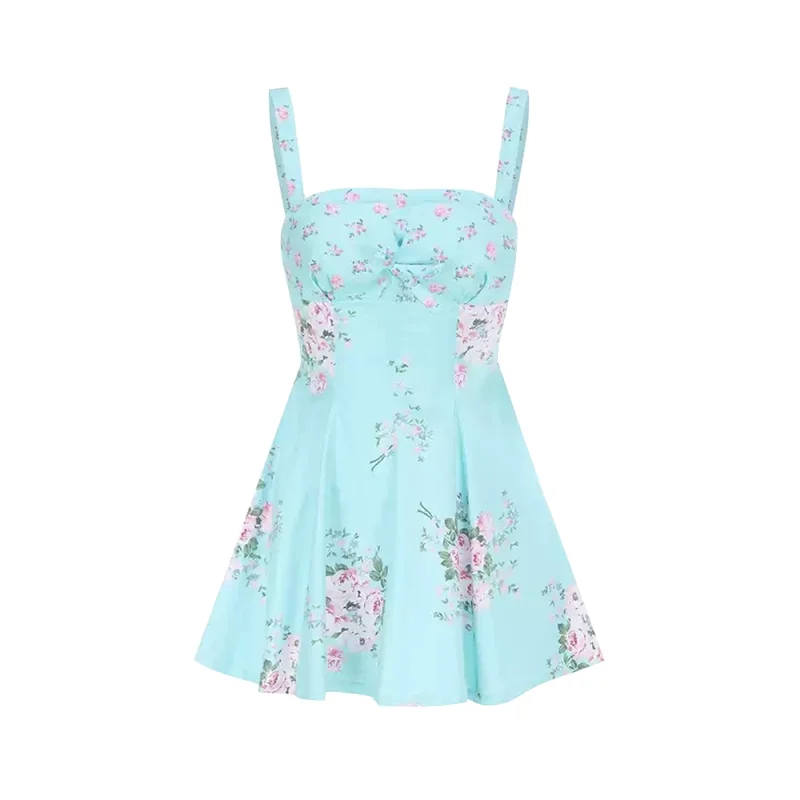 Français années 1950 Pastorale douce filles Mignon vintage vacances floral bleu sangle imprimé arc mode imprimé rencontres fête Robe dos nu