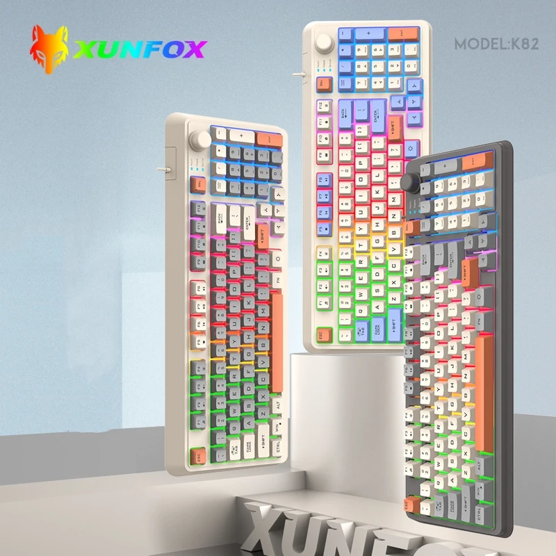 

Keyboard 94 Keys 90% Layout Spanish Russian Korean Arabic Keyboard USB Wired K82 RGB Light Volume Knob Ergonomics Gaming Office