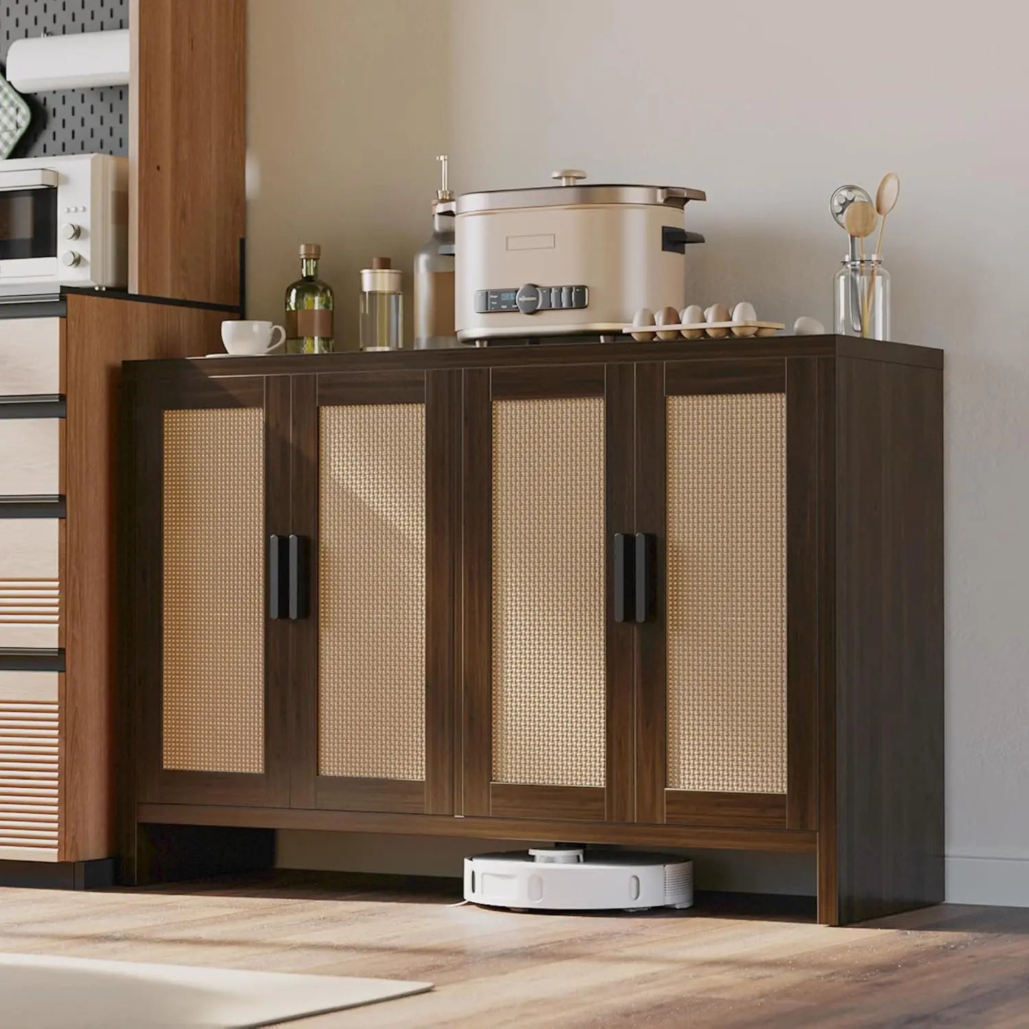 

Rattan Buffet Cabinet with Storage, Sideboard with Doors and Adjustable Shelves, Farmhouse Coffee Bar Table for Kitchen, Living