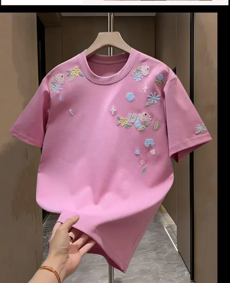2026 Summer New Korean Style Men's Black White Pink Flower Embroidery Loose Casual Versatile Round Neck Short Sleeve T-Shirt
