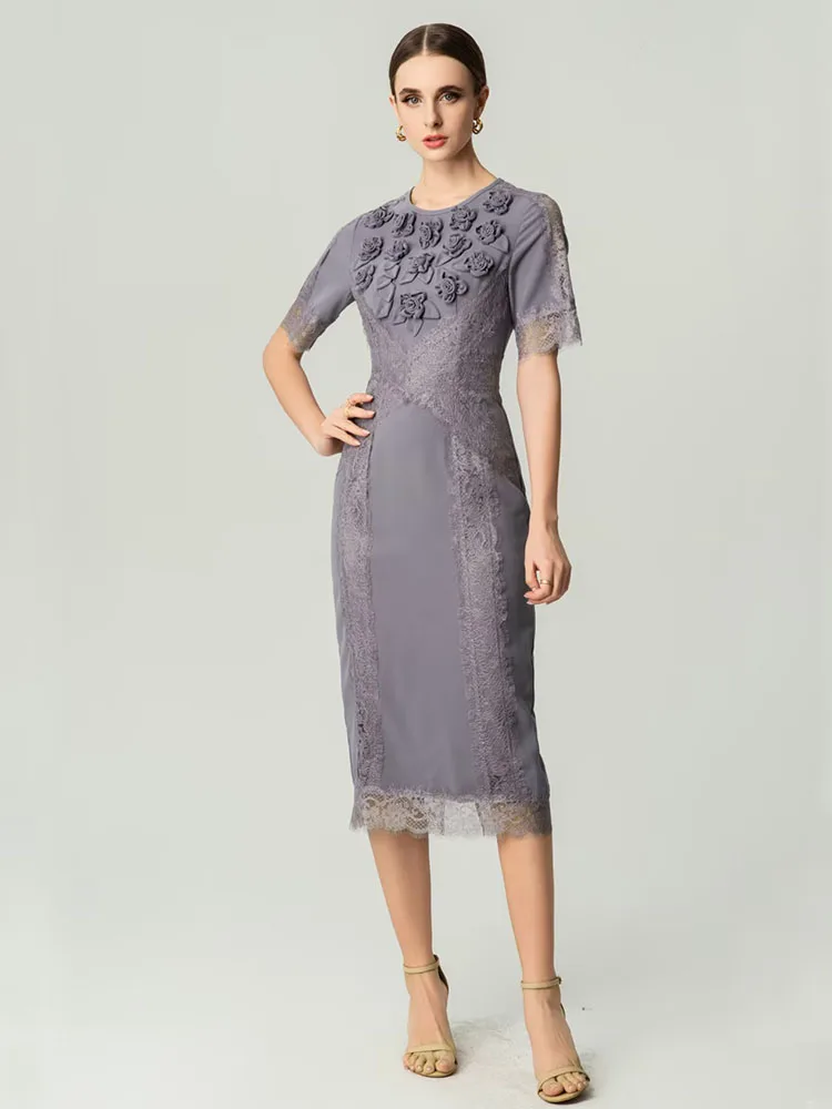 

JUNLINNA Women Fashion Elegant Dress O-Neck Short Sleeve Appliques Flowers and Lace Panelled Party Evening Vestidos Lady