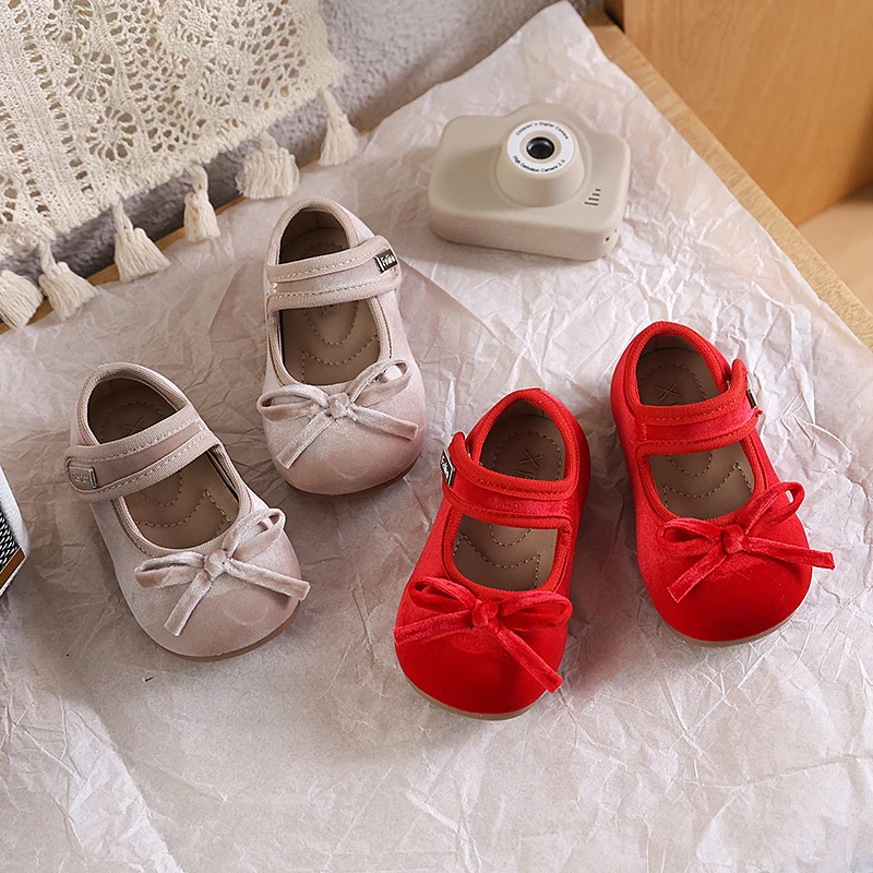

Toddler Walking Shoes Korean Style Soild Color Girls Princess Shoes with Cute Bows 2026 Brand New Baby Flat Shoes Soft Bottom