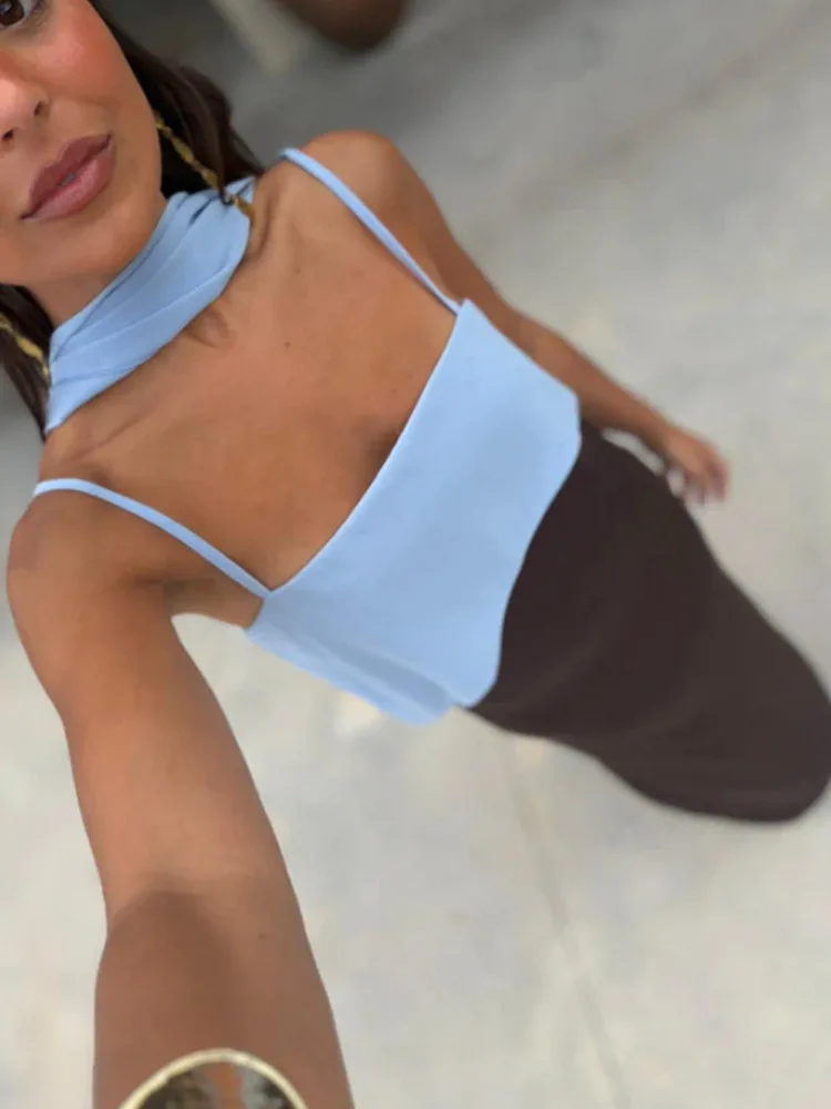 Modisches Kontrast-Sling-Kleid für Damen mit Quadratischem Ausschnitt, Ärmellos, Hoher Taille, Schlankes Maxikleid mit Schal, Sommer 2026, Party-Robe – Detail 2