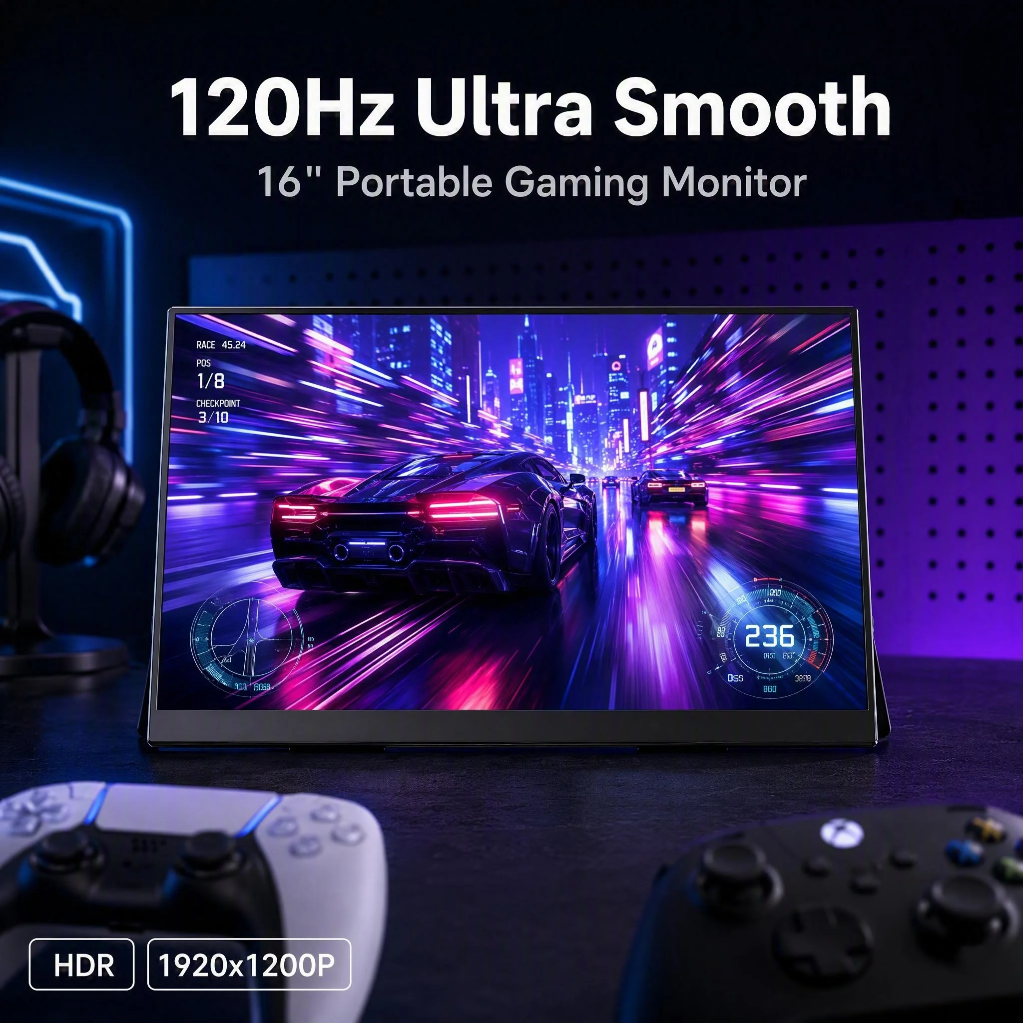 16'' 120Hz Portable Gaming Monitor 1920x1200P 100% SRGB HDR USB-C External Screen for PS5 Xbox Switch Laptop - Ultra Smooth, Low