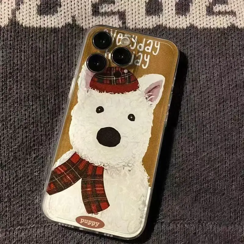 Elegant White Dog Phone Case For iPhone 16 15 14 13 12 11 Pro XS MAX 7 XR 8 7 Plus Clear Cover Fundas