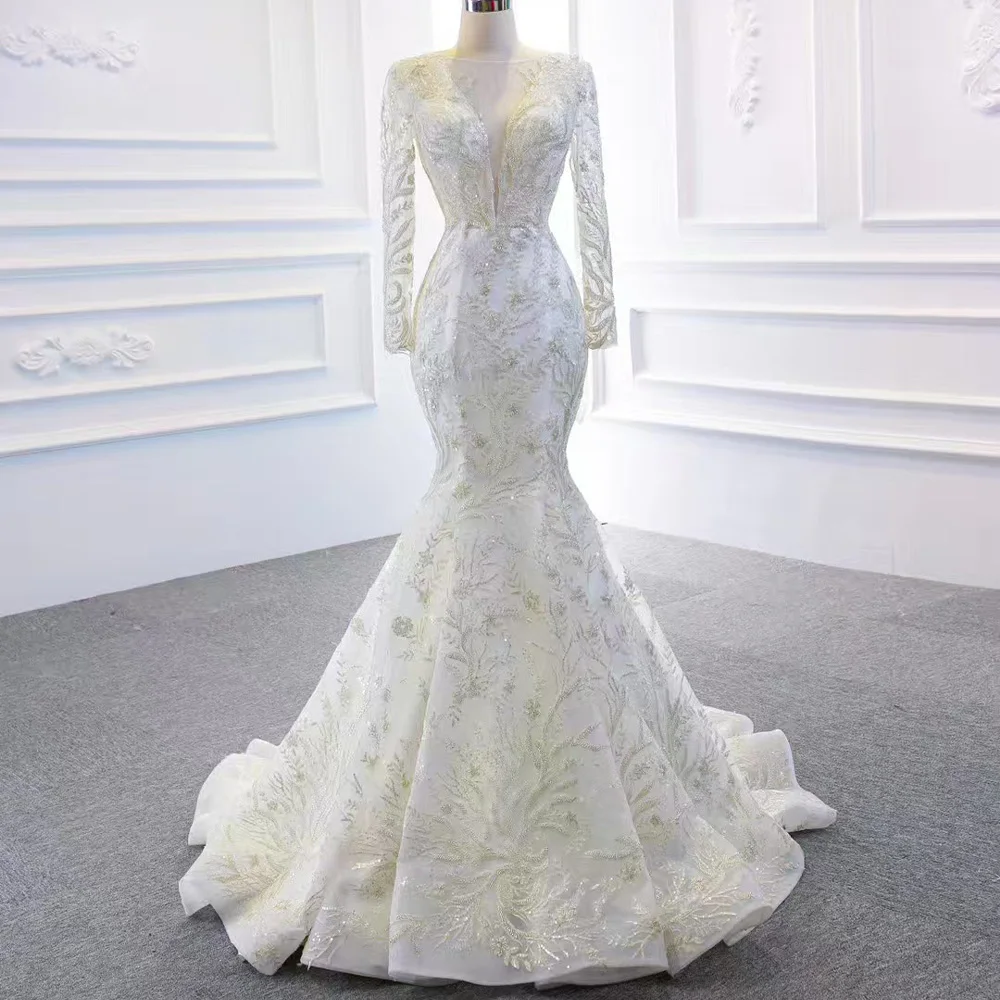 Train détachable col rond élégant à lacets dos manches longues robe de mariée broderie paillettes Abiti Da Sposa