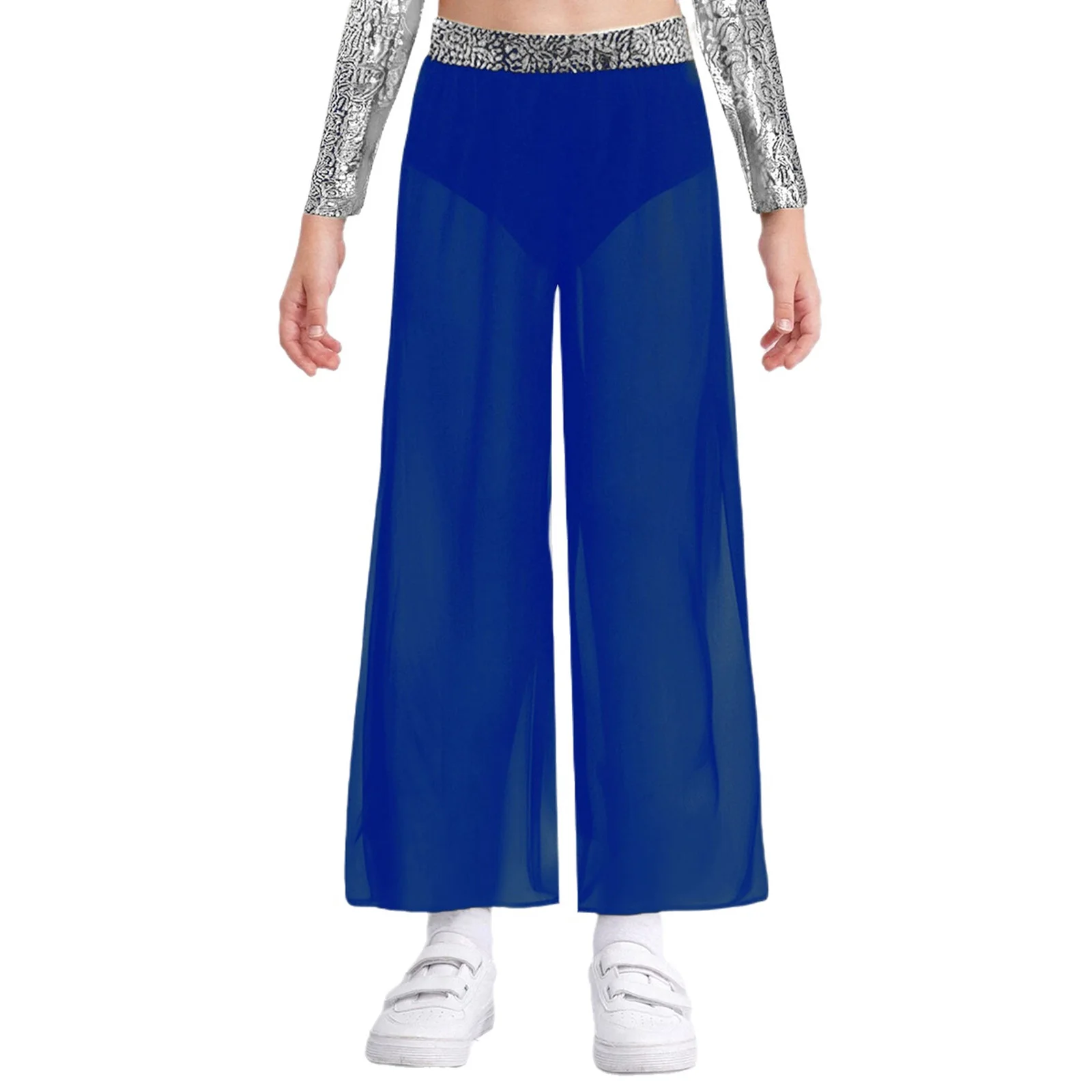 

Kids Girl's Jazz Latin Dance Pants Shiny Sequin Waistband Flowing Chiffon Overlay Side Slit Wide-Leg Pants for Stage Performance