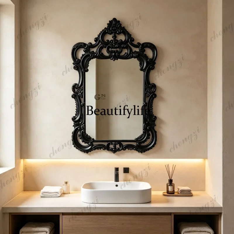 R French retro bathroom mirror European bathroom mirror, wall-mounted carved makeup, living room entrance decorative mirror