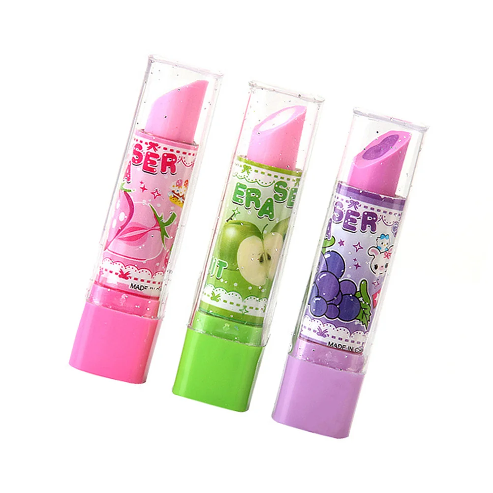 10 Pcs Erasers for Kids Cartoon Stationery Lipstick Novelty Fruit Pattern Child