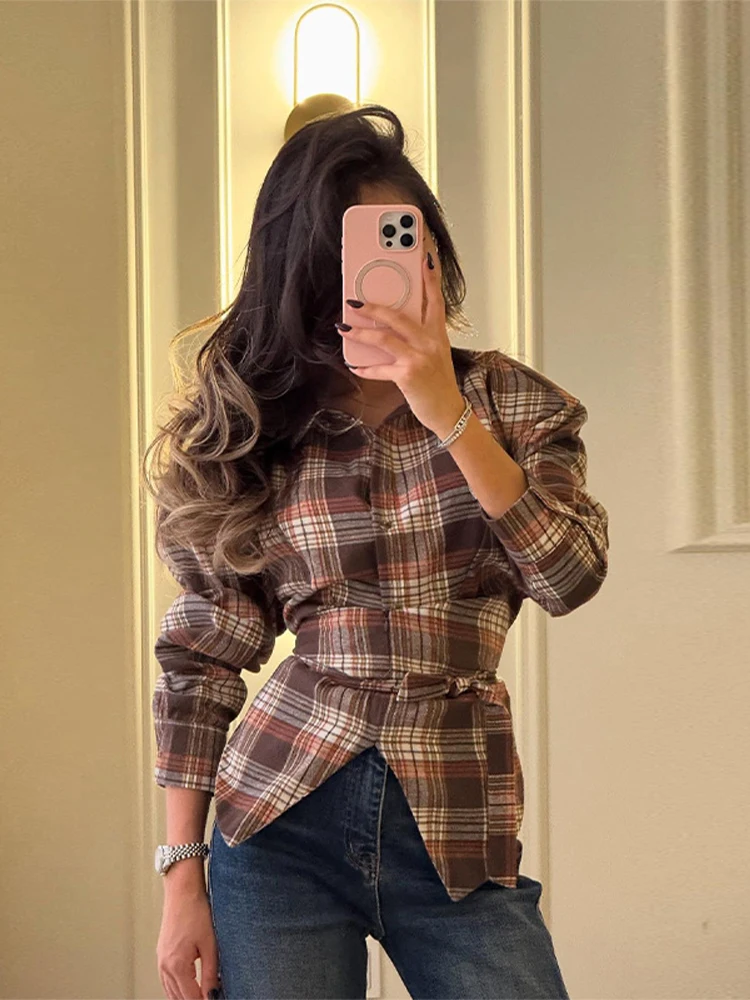 

Plaid Tunic Women Shirt Belt Front Split Single Breasted Long Sleeve Coat Fashion Casual Female Clothing Spring Autumn