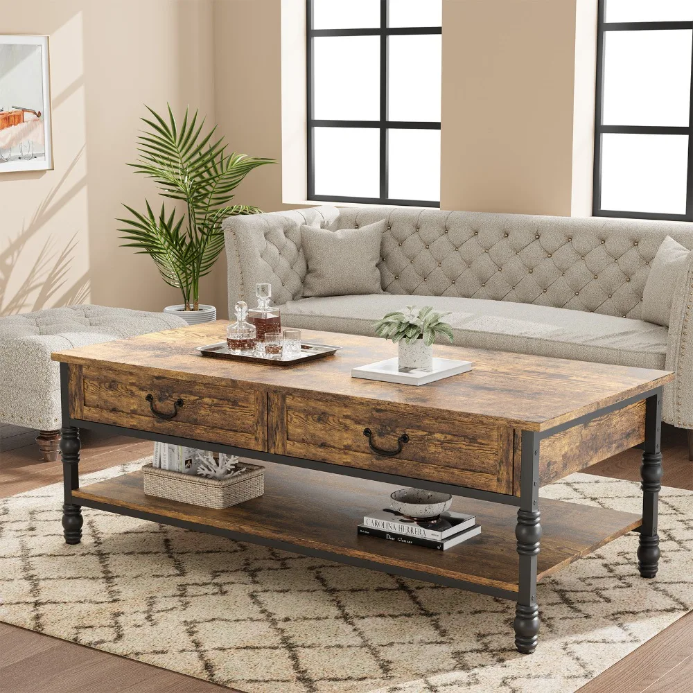 طاولة قهوة مقاس 41 بوصة مع أدراج، طاولة شاي مركزية عتيقة لغرفة المعيشة