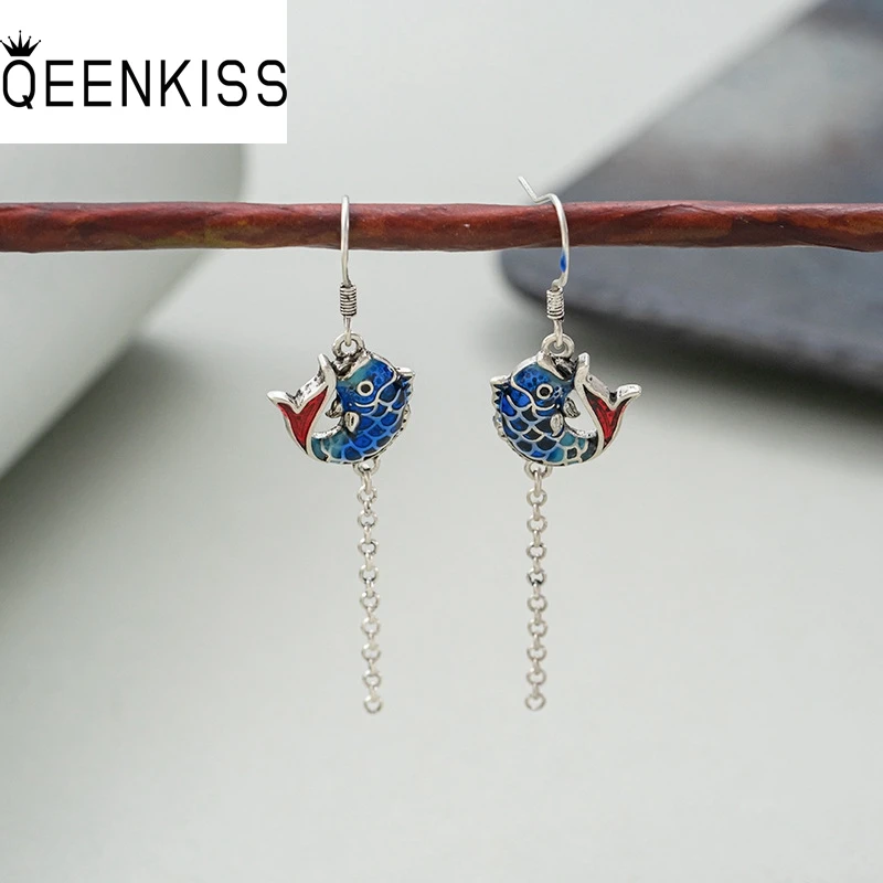 

QEENKISS 925 Sterling Silver Vintage Carp Fish Drop Earrings for Women Birthday Wedding Party Christmas Bride Mother Gift EG6408