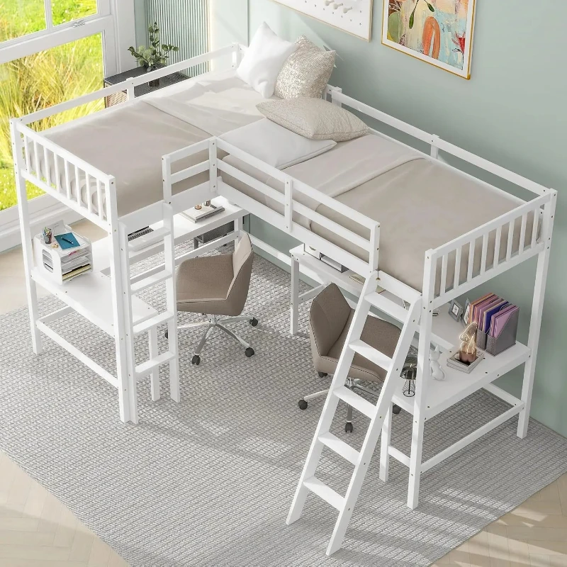 

L-Shaped Loft Bed with Desks, Wood Double Twin Loft Bed with Ladder & 2 L-Shaped Desks, Corner Twin Bed for Kids,, Customized