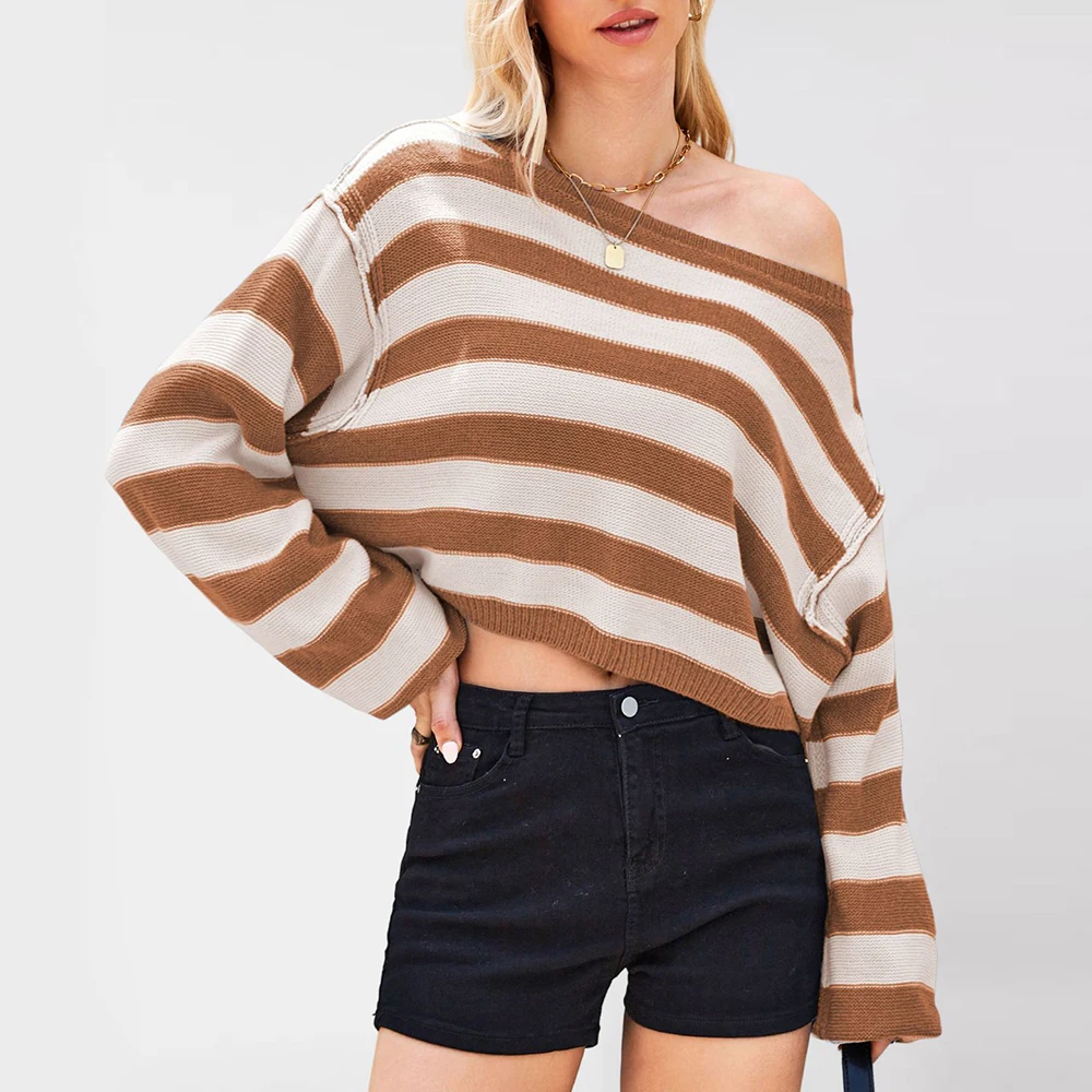 

Осень-зима женский пуловер трикотаж в полоску свободный короткий стиль европейско-американская одежда новая мода для