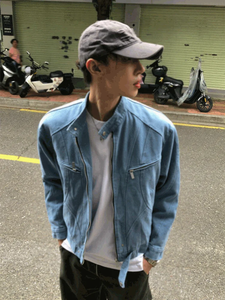 

Мужская джинсовая куртка-харингтон American Sle Ort, весна-осень, приталенный крой, плотная ткань, воротник-стойка, пэчворк, рабочая одежда...