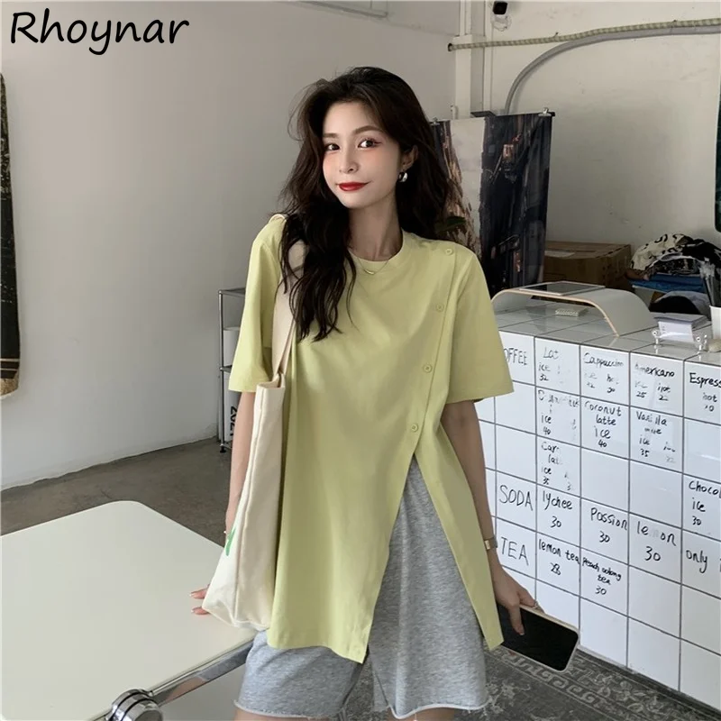 Side-slit T-shirts Women Summer Fashion Casual All-match Cozy Loose Simple Button Design Slouchy Classic Stylish Streetwear Chic