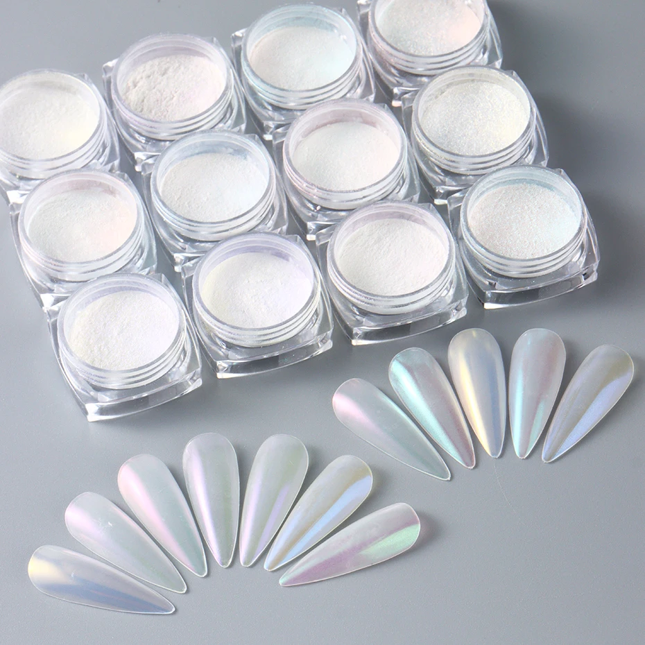 12 Colors Aurora Pearl White Nails Glitter Dust Mirror White Iridescent Fairy Fine Chrome Powder Reflective Pigment