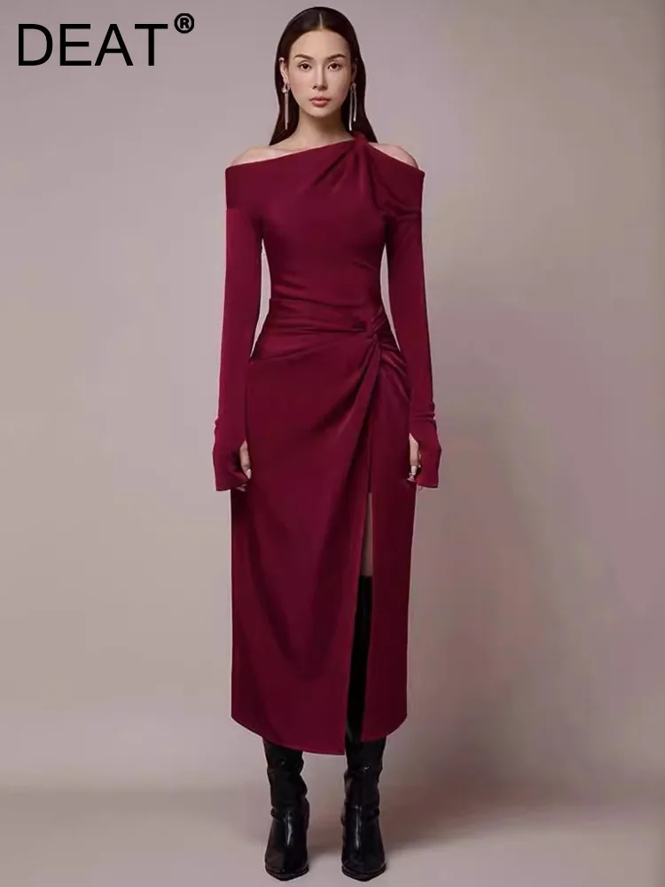 DEAT Elegant Dress Irregular Skew Collar Full Sleeve Cross Split Women's Evening Party Dresses 2024 Summer New Fashion 13DL117