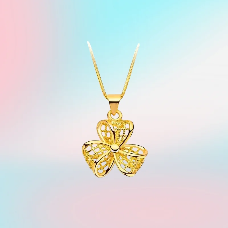 

new 9999 Real Gold 24K Sweet Wind Niche Fashion Windmill Small Pendant Golden Girl Hollow Three-petal Grass Windmill Necklace