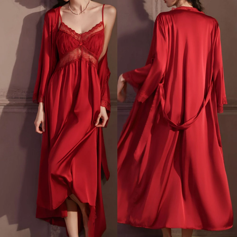

2026 Spring Summer New Female Long Robe Set Nightgown Sexy Hollow Out Lace Nightdress Chemise Sleepwear Elegant Satin Homewear