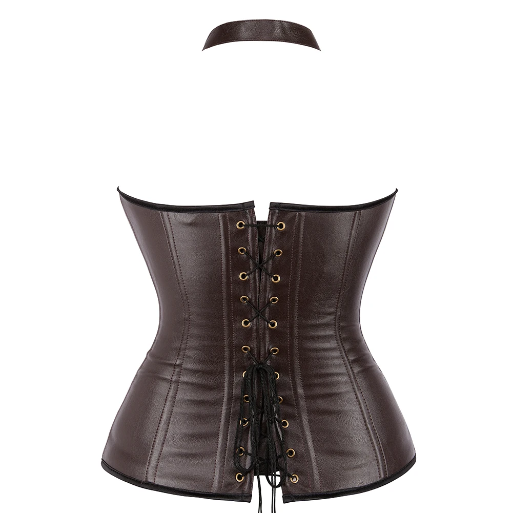 Steampunk Halterneck Overbust Corset Corselet Black Brown Basques Faux Leather Bustier Top