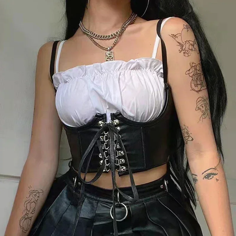 Women Corset Waist Support Gothic PU Leather Crop Top Lace-up Bandage Waist Bodyshaper Decorative Corset Women  Accessory