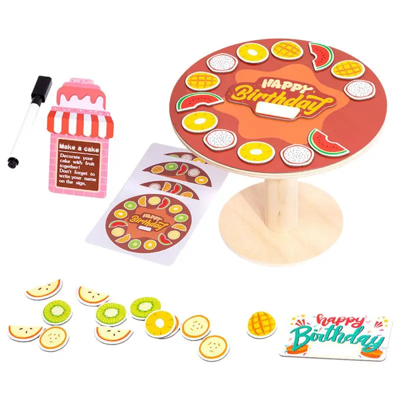 Birthday Cake Toy Toddler Fruit Magnetic Sticker Toy Set Wooden Stand & Fruit Sticker Game Magnetic Birthday Cake Stickers Kids