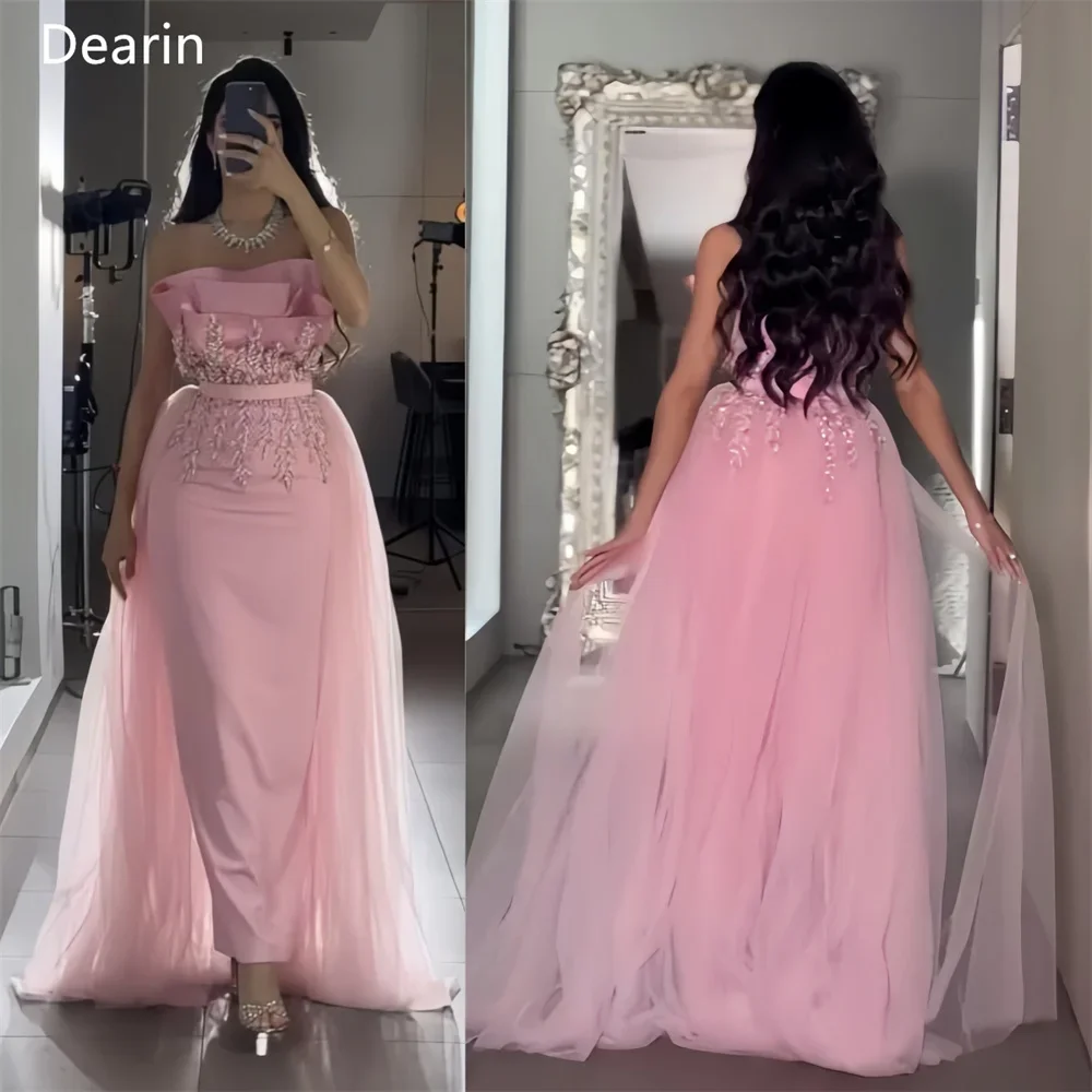 

Customized Evening Gown Dearin Strapless Column Floor Length Skirts Draped Tulle Applique Sleeveless Bespoke Occasion Dresses Fo