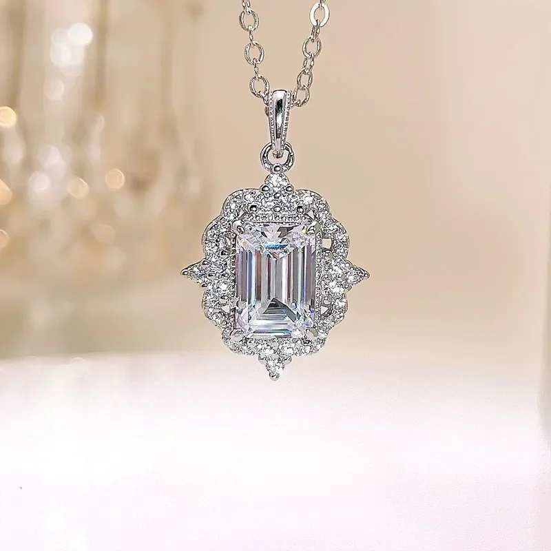 Light luxury luxury luxury set with new ins style emerald cut 925 silver necklace, women's versatile exquisite version, high-end