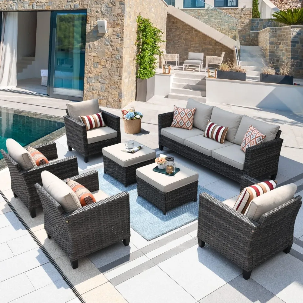 

Patio furniture set, outdoor wicker rattan sofa, ottoman and comfortable cushions, waiting high backrest set garden backyard