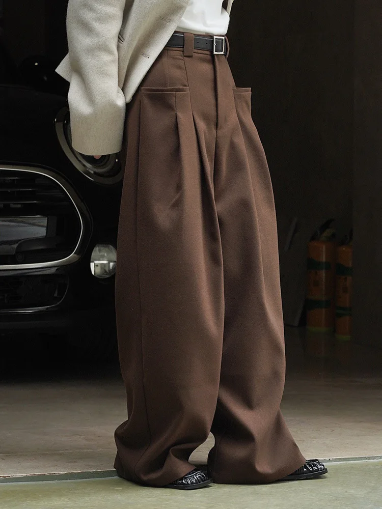 [EAM] High Waist Brown Pleated Casual Long Wide Leg Pants New Loose Fit Trousers Women Fashion Tide Spring Autumn 2024 1DF4423