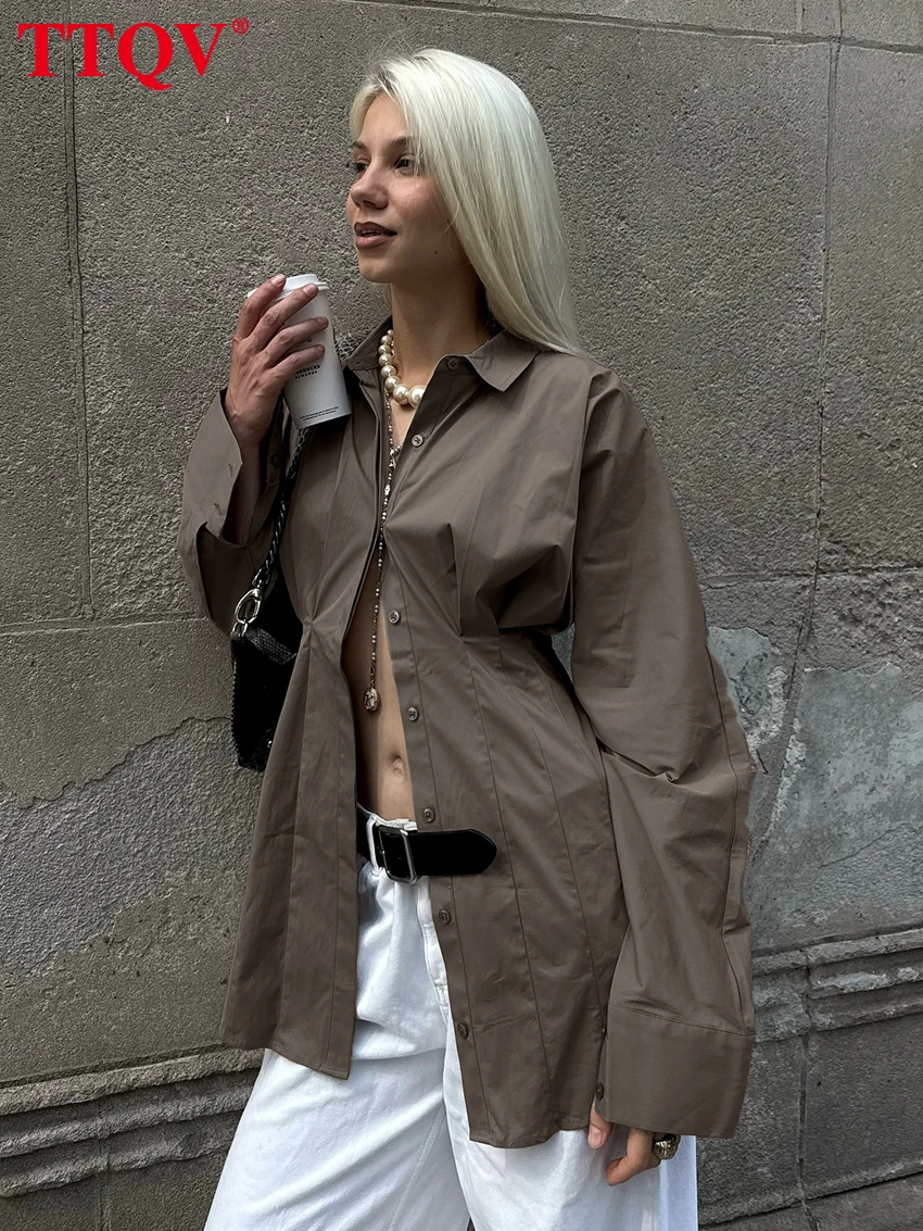 

TTQV Модная свободная женская блузка из коричневого хлопка 2026: повседневная рубашка с отложным воротником и длинным рукавом, элегантный классический однотонный топ, женская одежда