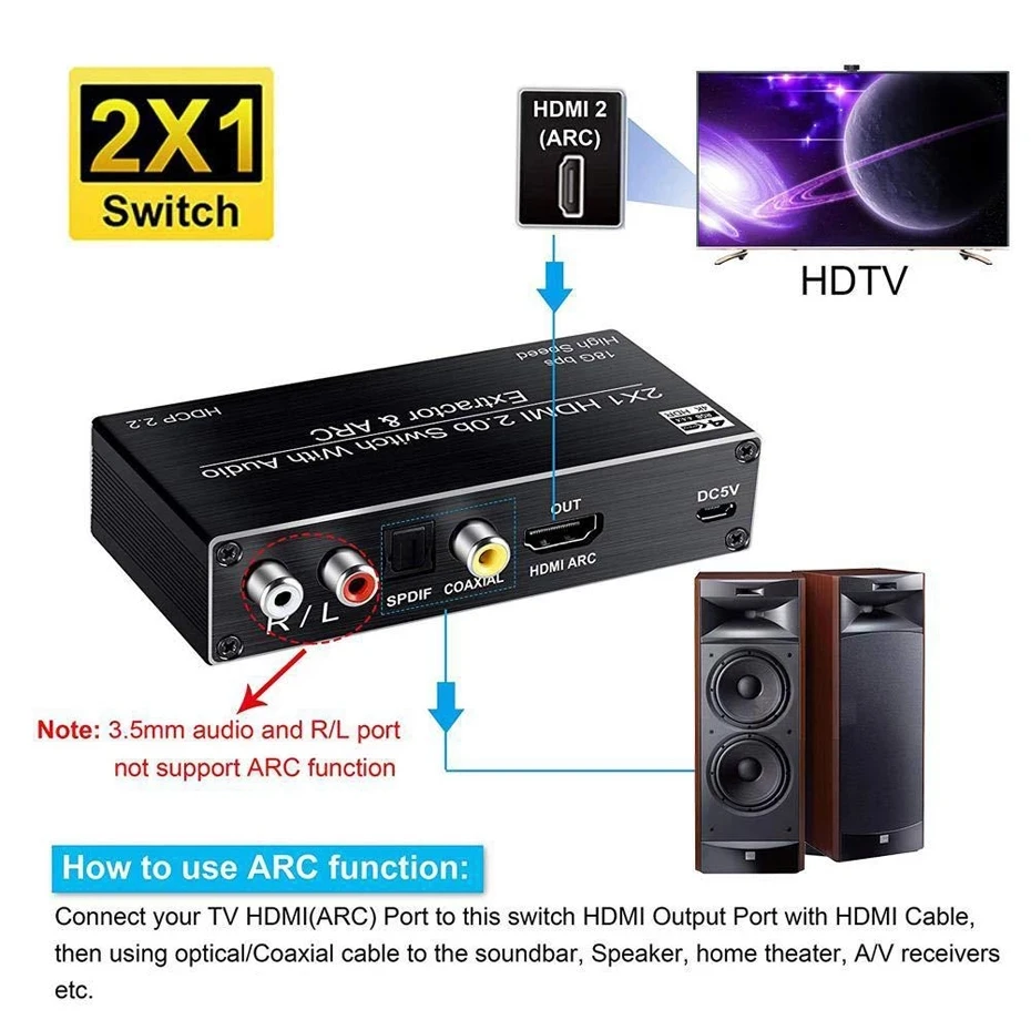 4K HDMI Switcher Audio Extractor 2 in 1 Out Selector with R/L+Toslink SPDIF+COAXIAL Audio out HDMI ARC Audio Switch 2x1 Adapter