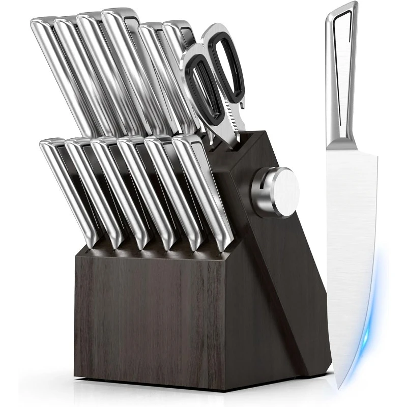 

14 PCS Japanese Stainless Steel Kitchen Knife Set with Block, Built-in Sharpener, and Non-slip Ergonomic Handles