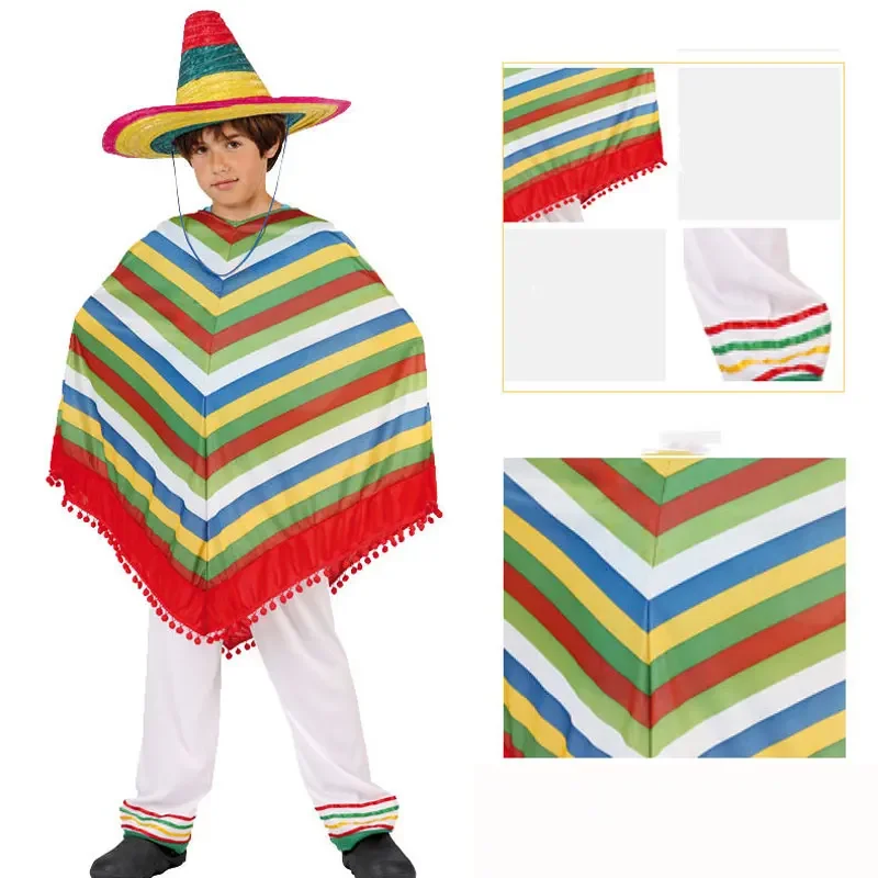 Costume poncho multicolore pour enfants, chapeau Everak coloré, style ethnique mexicain, petit garçon