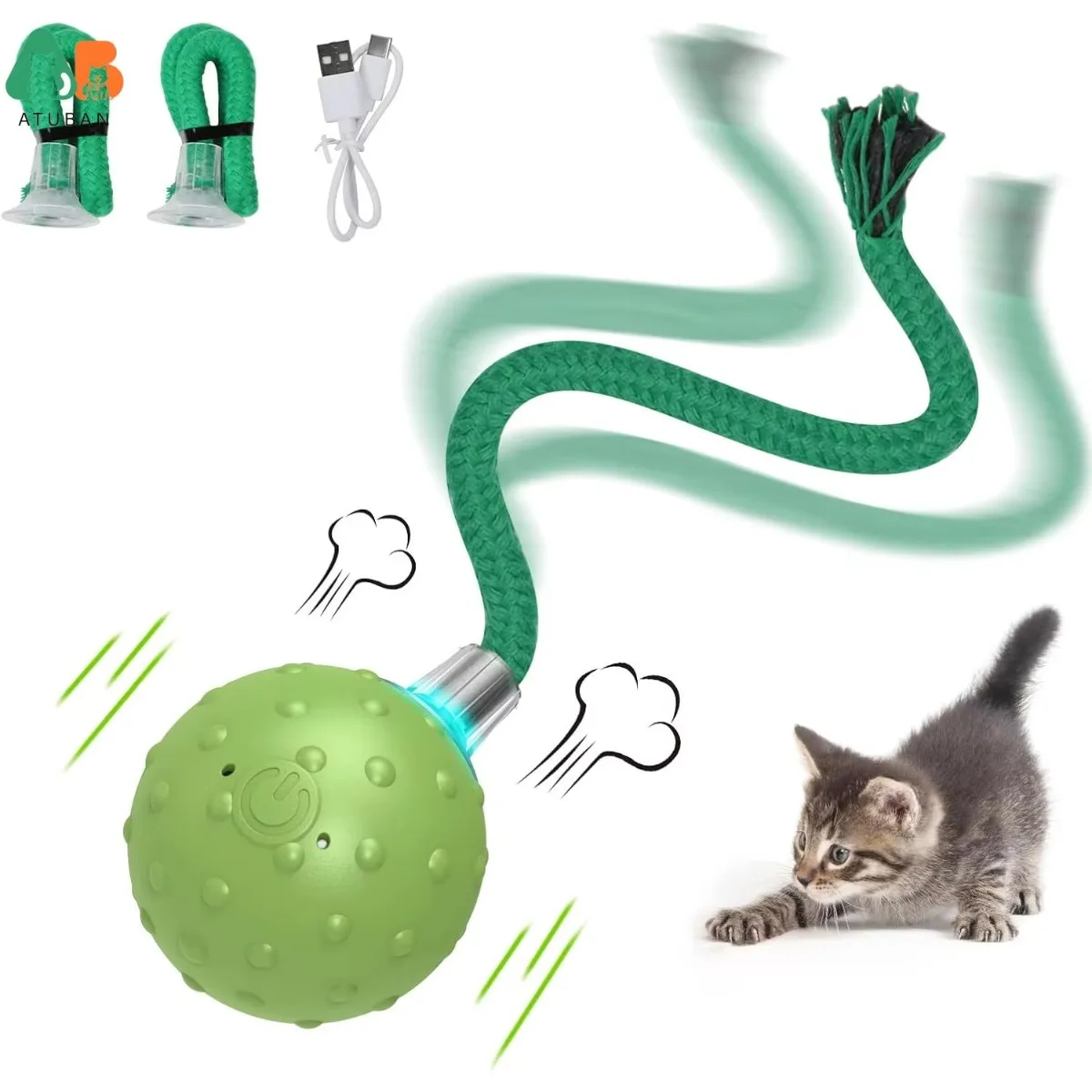 Interactive Cat Ball Toy,Motion Activated Automatic Moving Ball Toy,Long Tail Teaser/Simulation Bird Sound/Cat Toys Self Play